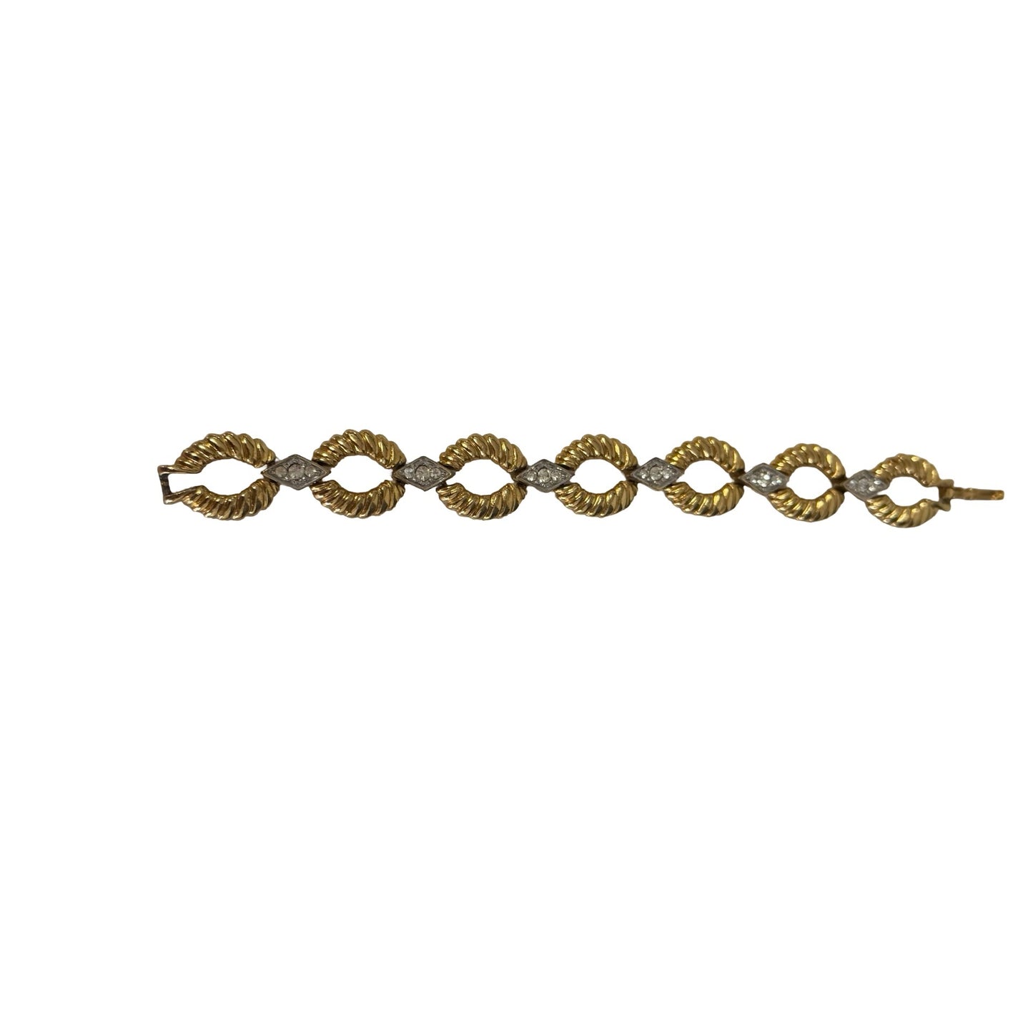 Vintage Gold Tone Rhinestone Link Bracelet 7” Twisted Rope Oval Chain Jewelry