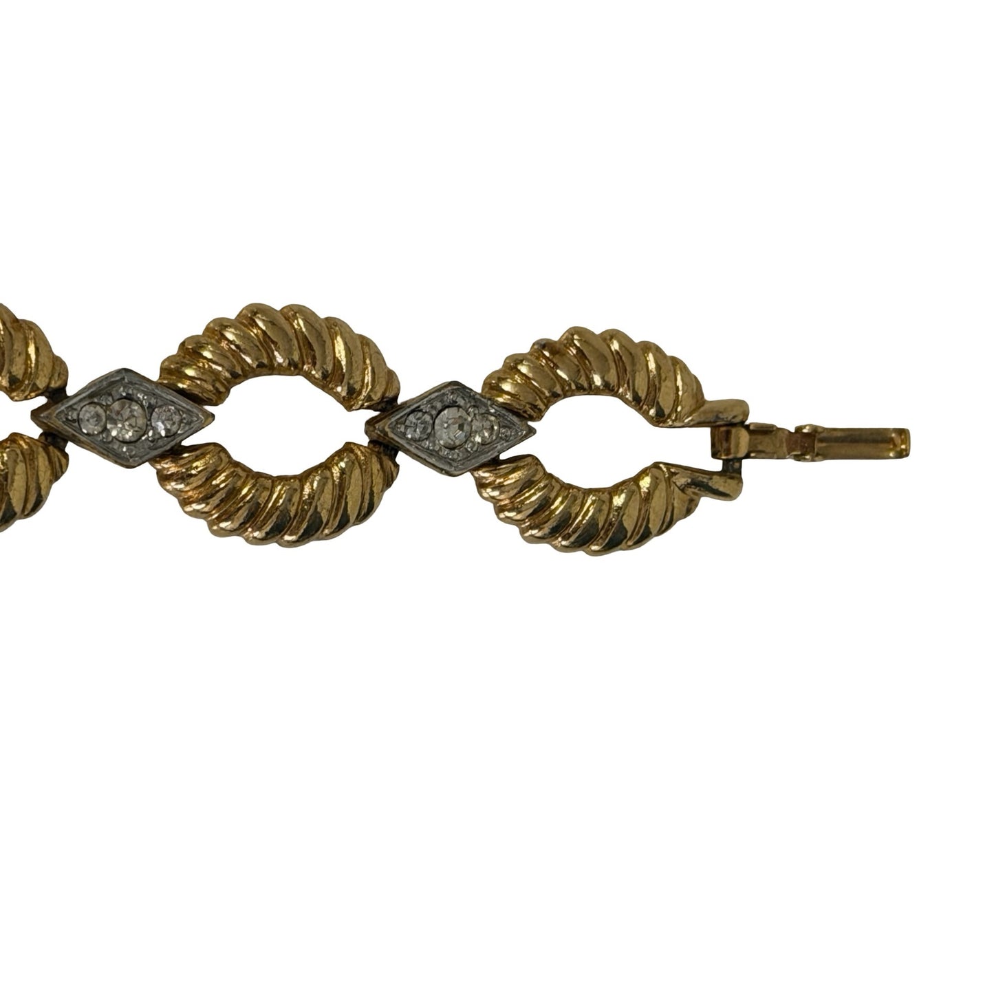 Vintage Gold Tone Rhinestone Link Bracelet 7” Twisted Rope Oval Chain Jewelry