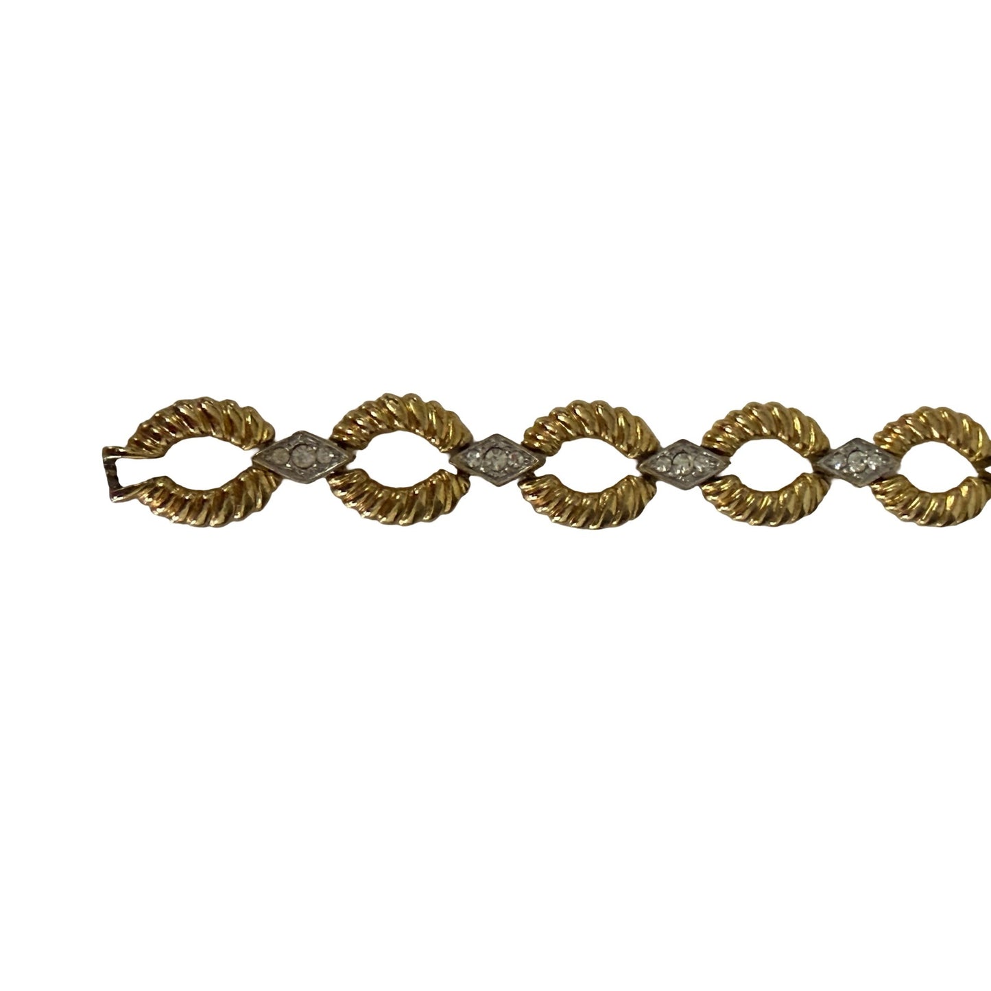 Vintage Gold Tone Rhinestone Link Bracelet 7” Twisted Rope Oval Chain Jewelry