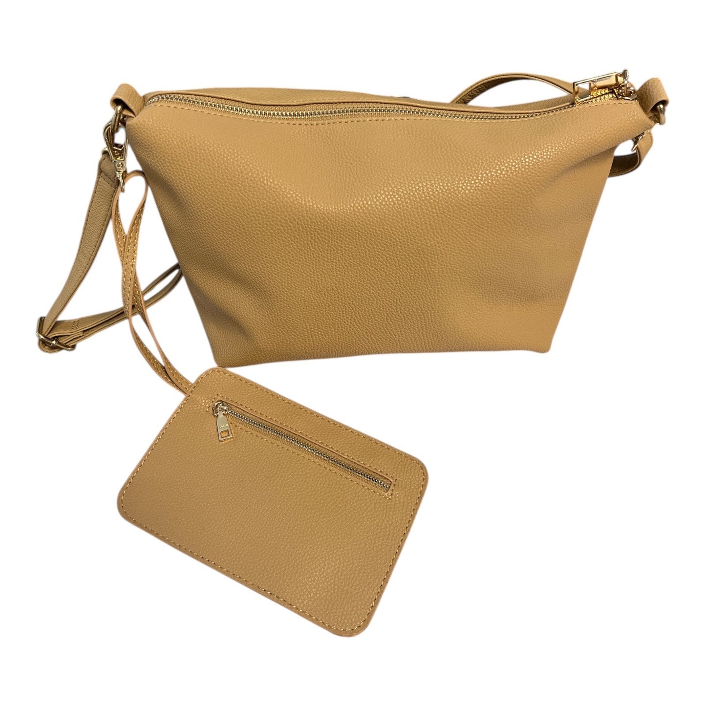 Bebe Tan Crossbody Bag with Zip Pouch | Faux Leather Gold Hardware | 8x12x4" Bag + 7x4.5" Pouch