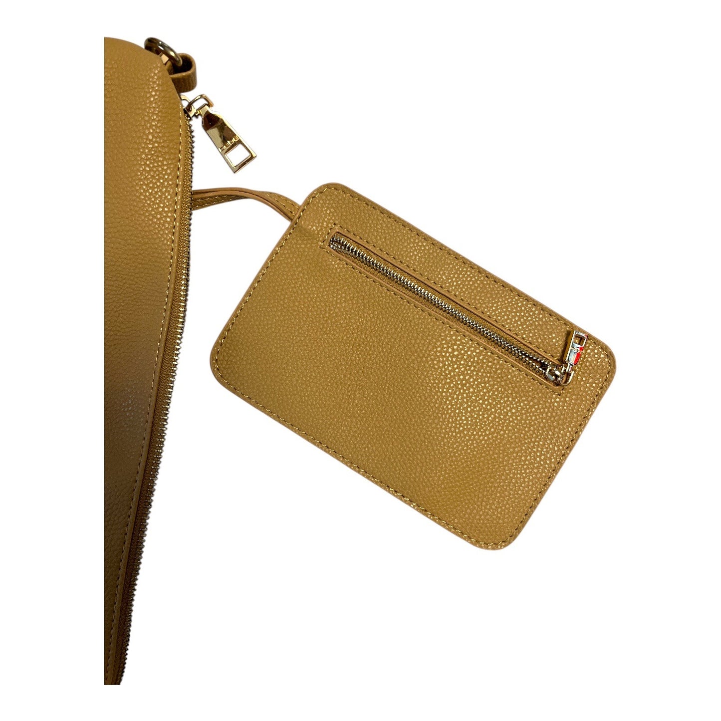 Bebe Tan Crossbody Bag with Zip Pouch | Faux Leather Gold Hardware | 8x12x4" Bag + 7x4.5" Pouch