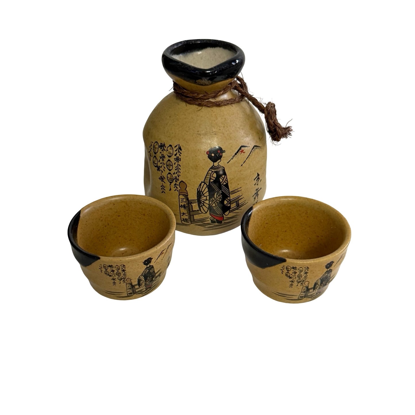 Vintage Japanese Sake Set Geisha Tokkuri 2 Ochoko Cups Mid Century Japan