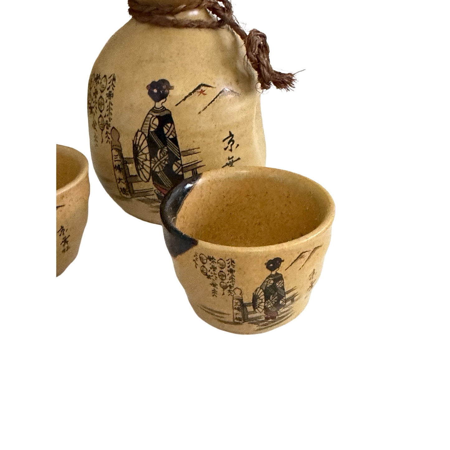 Vintage Japanese Sake Set Geisha Tokkuri 2 Ochoko Cups Mid Century Japan