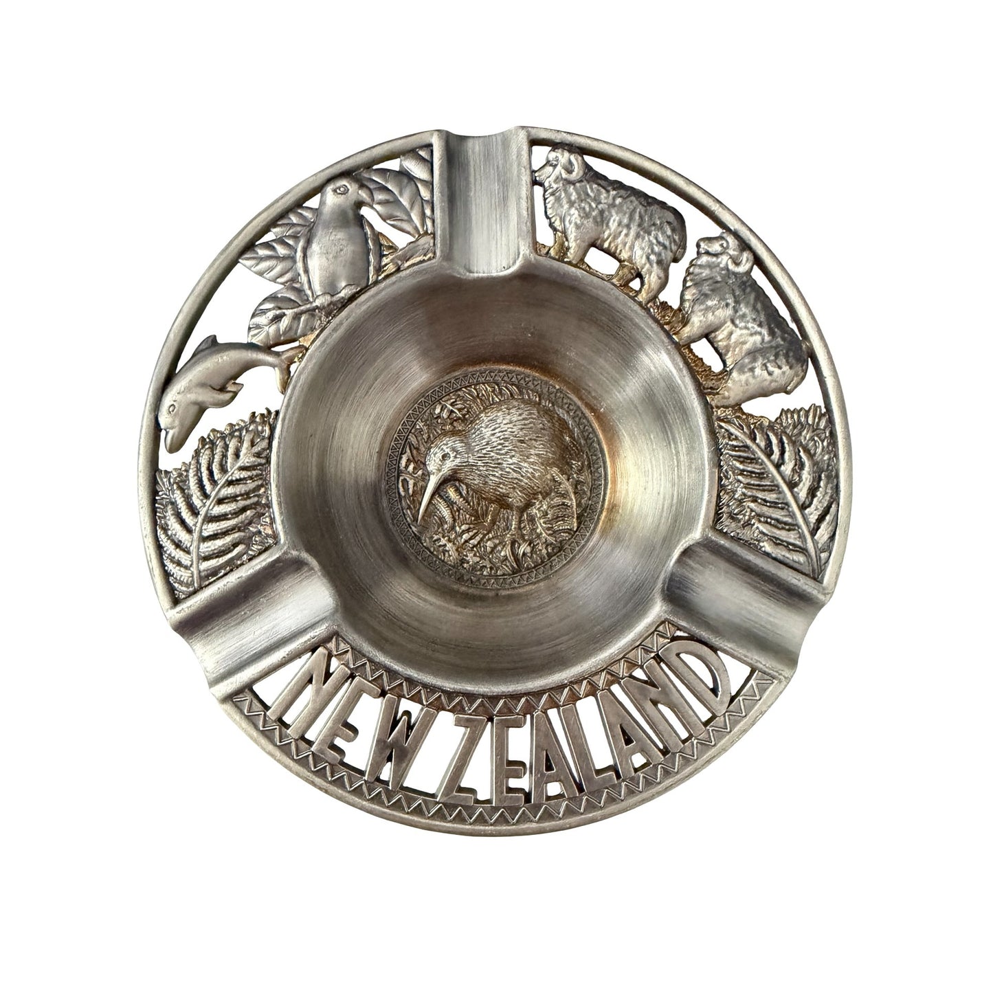 Vintage Style New Zealand Kiwi Sheep Dolphin Fern Silver Tone Souvenir Ashtray 5"