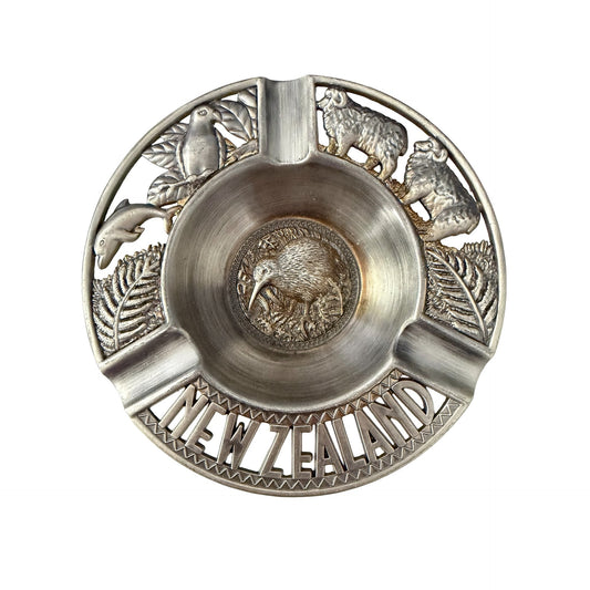 Vintage Style New Zealand Kiwi Sheep Dolphin Fern Silver Tone Souvenir Ashtray 5"