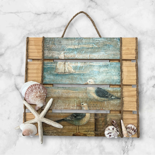 Seagull Beach Wall Art, Nautical Slatted Wood Sign with Seashells and Starfish, 12x11 Hanging Decor