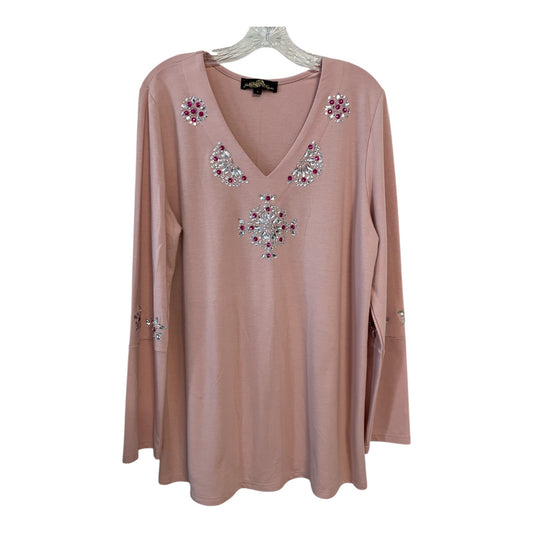 Joan Boyce Embellished Tunic Top Pink XL Rhinestone Long Sleeve Bling Stretchy
