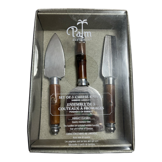 Palm Restaurant Cheese Knife Set – 3 Stainless Steel Knives with Bamboo Handles – NIB