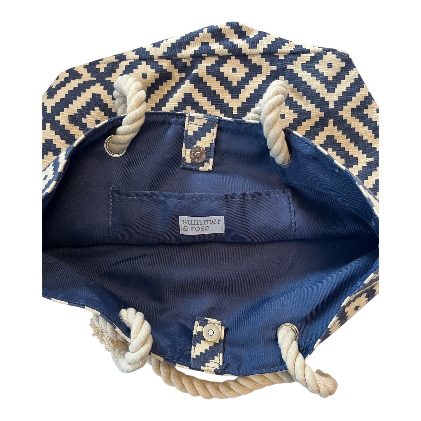 Summer & Rose Navy Cream Geometric Tote Rope Handle Beach Bag Coastal Style