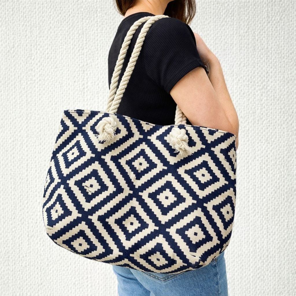 Summer & Rose Navy Cream Geometric Tote Rope Handle Beach Bag Coastal Style