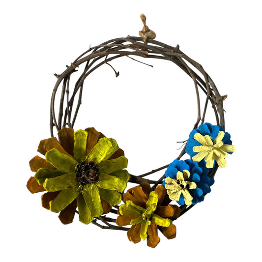 Vintage Twig Wreath with Hand Painted Pinecone Flowers Rustic Wall Decor