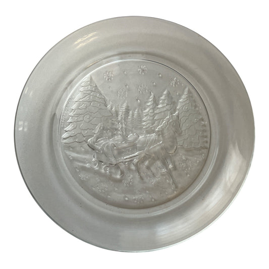 Arcoroc France Vintage Embossed Glass Plate – Horse-Drawn Sleigh Scene
