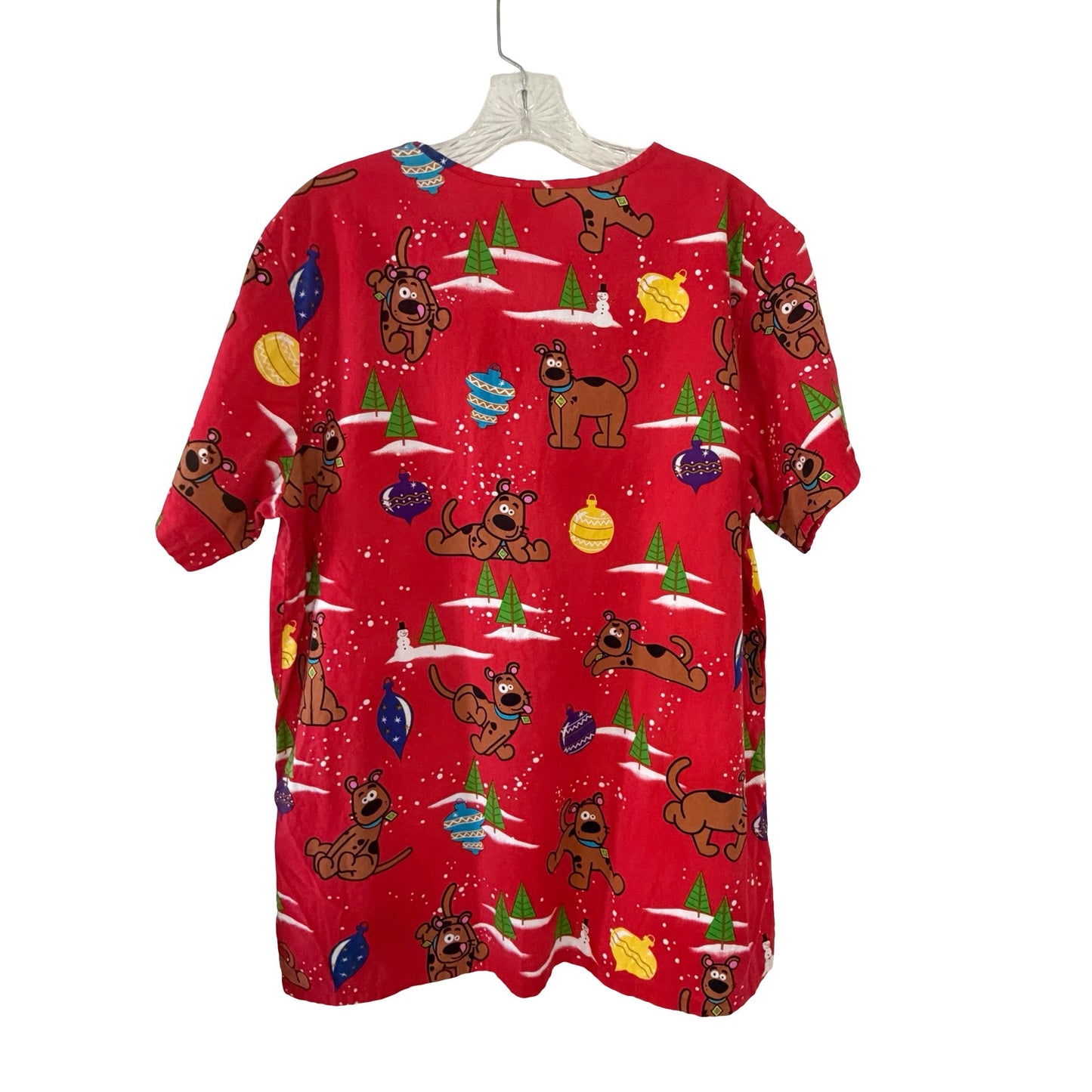 Scooby-Doo Christmas Scrub Top Women's Medium Red Holiday Cartoon V-Neck Uniform