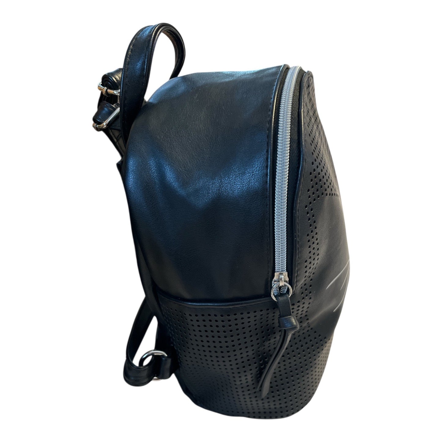 Cat-Face Faux Leather Mini Backpack – Black Perforated Whiskers Design – 9x8x4”
