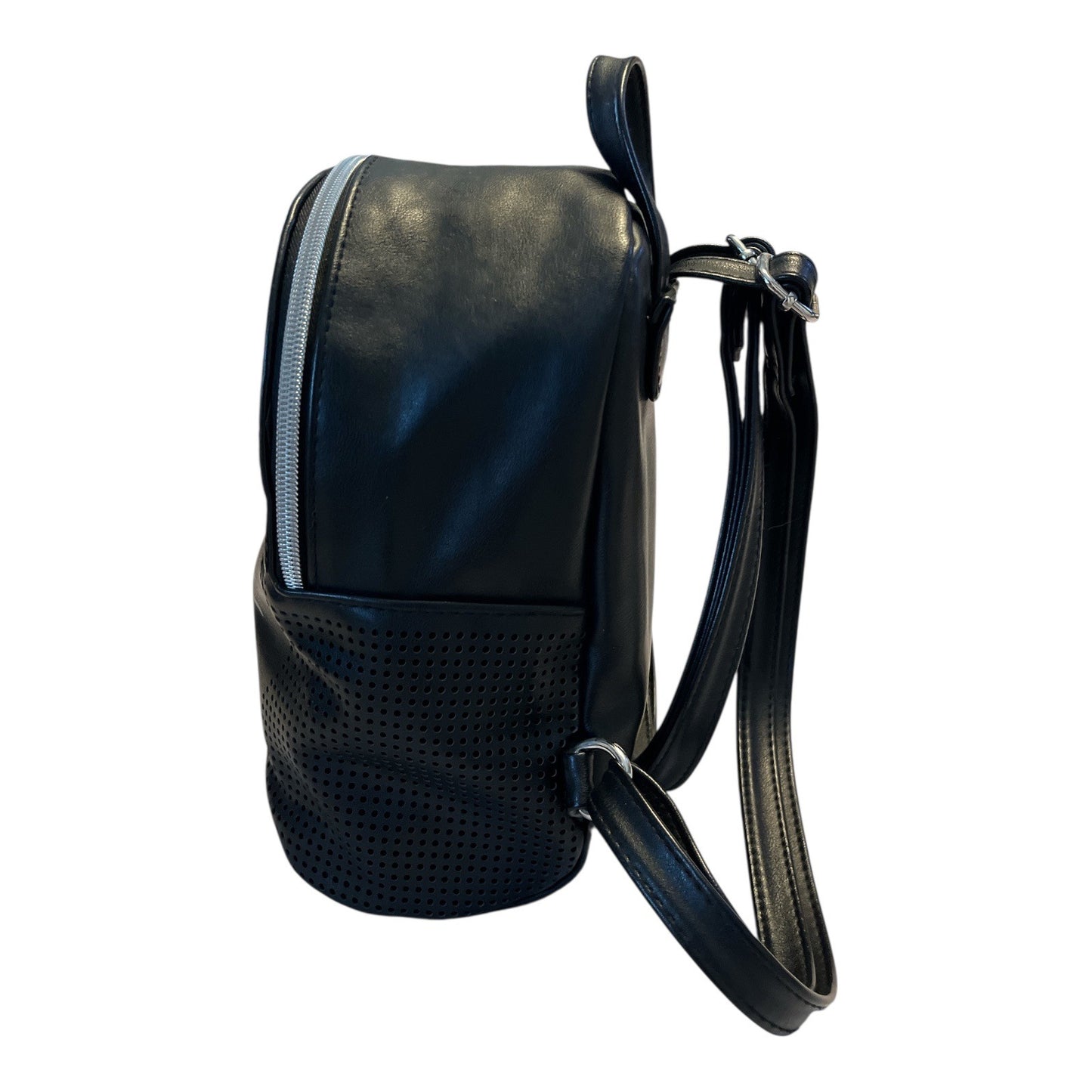 Cat-Face Faux Leather Mini Backpack – Black Perforated Whiskers Design – 9x8x4”