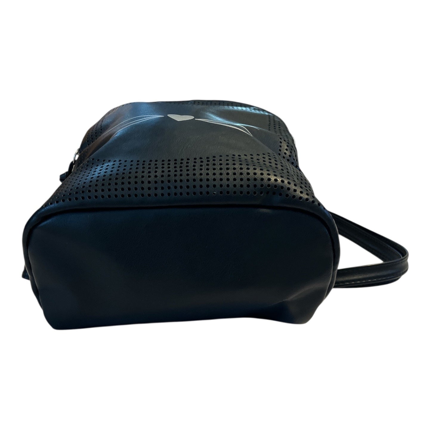 Cat-Face Faux Leather Mini Backpack – Black Perforated Whiskers Design – 9x8x4”