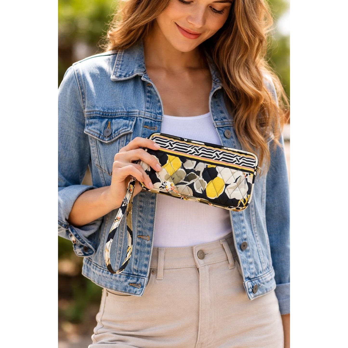 Vera Bradley Quilted Wristlet Wallet in Retired Baroque Pattern Black Yellow