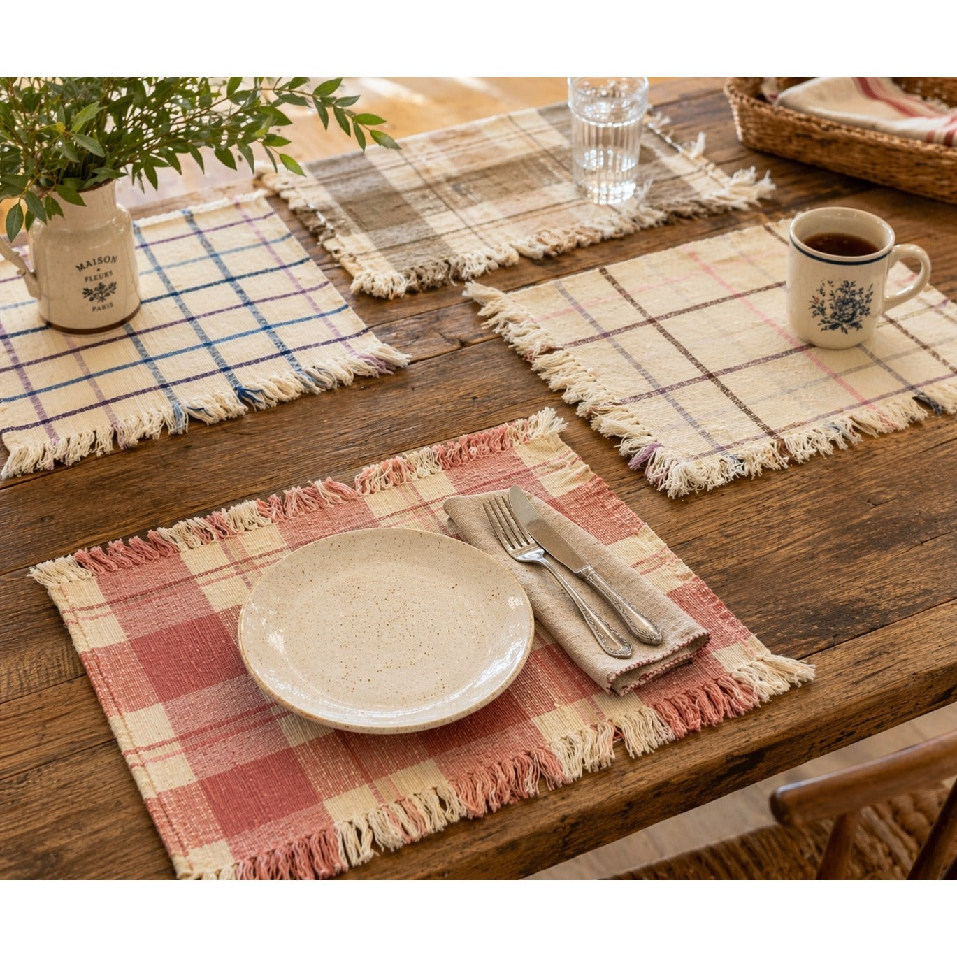 Vintage 1980s 1990s Plaid Woven Placemats Set Fringe Farmhouse Table Linens 18x12
