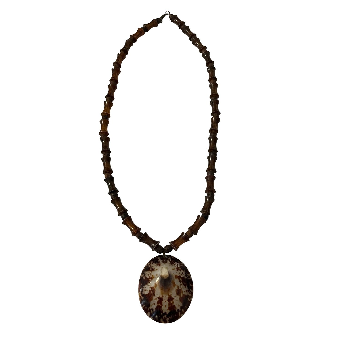 Vintage Acrylic Wood Bead Necklace Shell Pendant Boho Tribal Statement 22” Natural