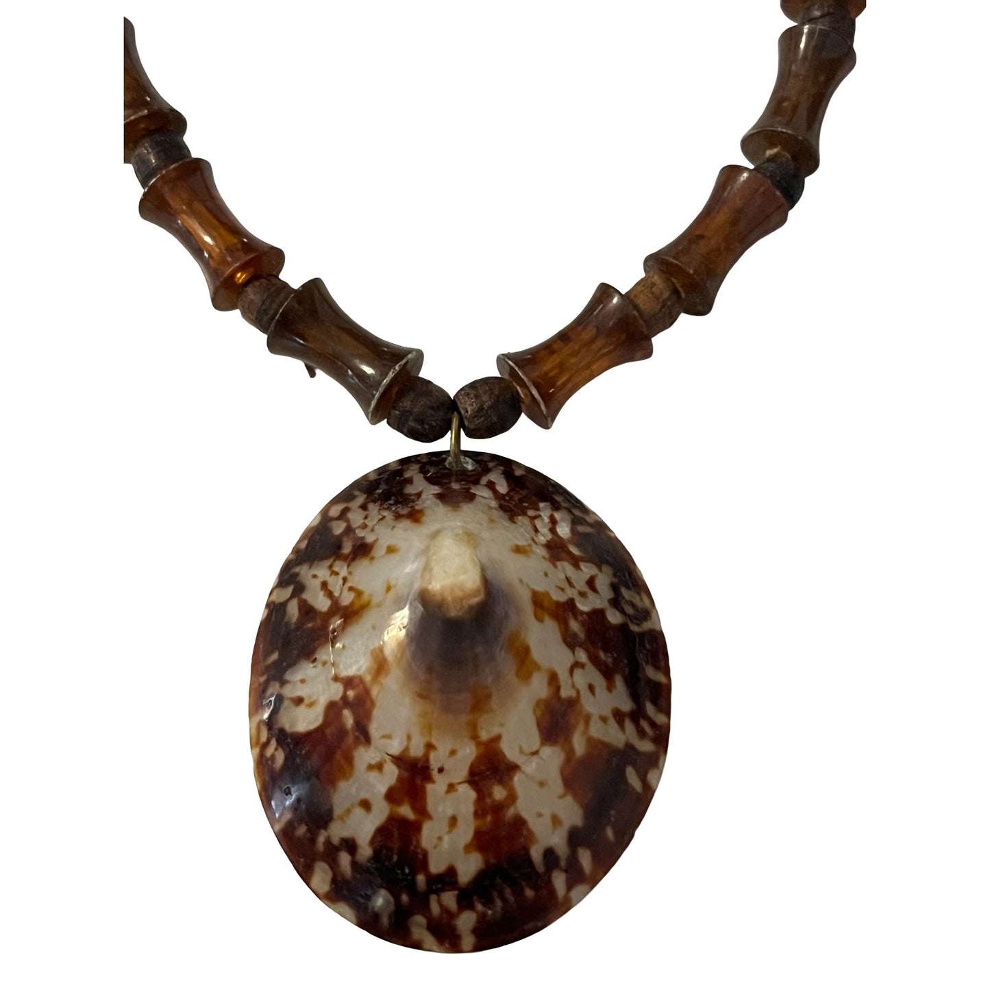Vintage Acrylic Wood Bead Necklace Shell Pendant Boho Tribal Statement 22” Natural