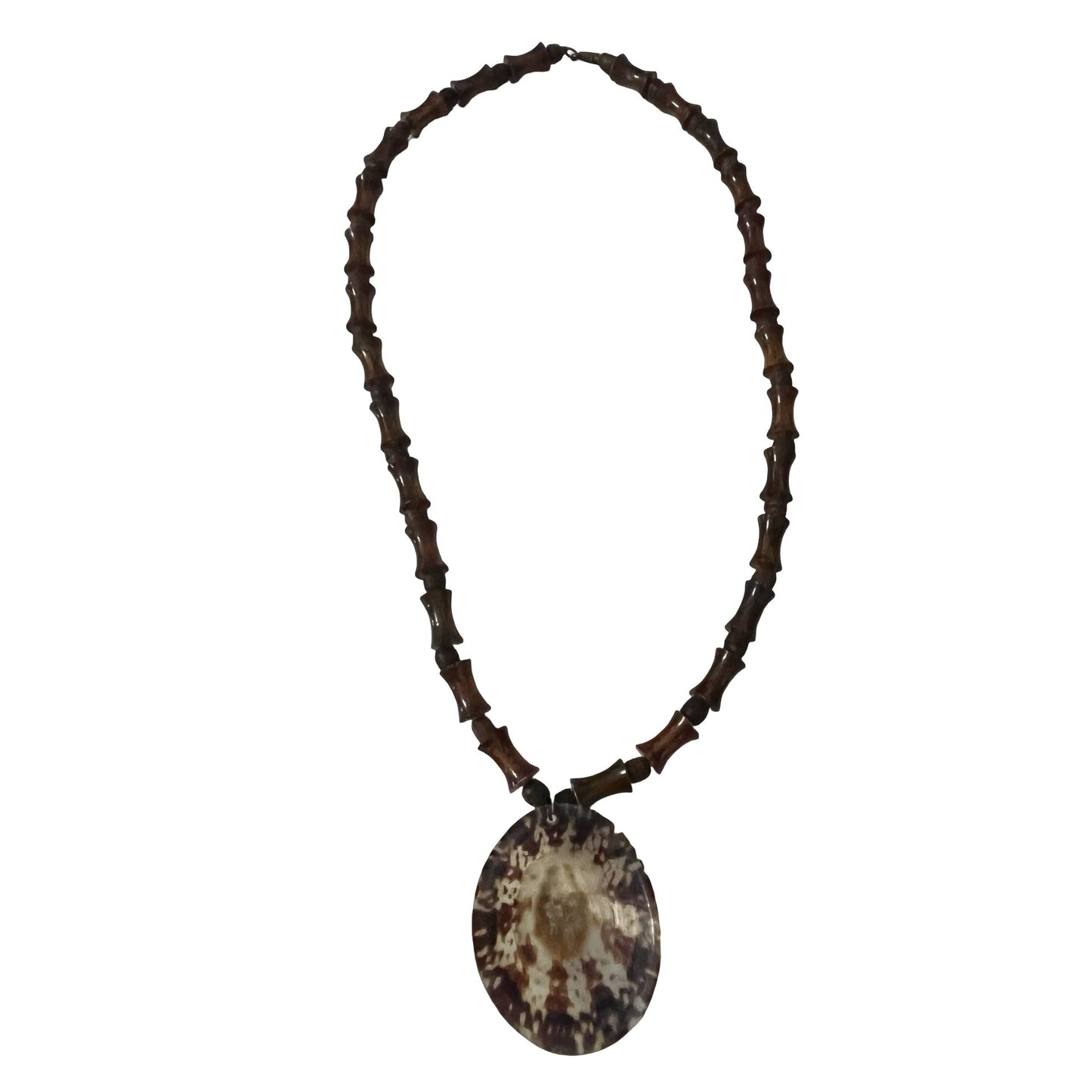 Vintage Acrylic Wood Bead Necklace Shell Pendant Boho Tribal Statement 22” Natural