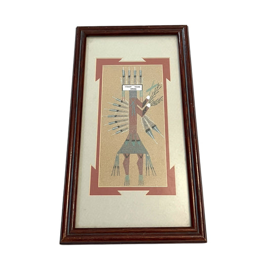 Framed Navajo Sand Art – “Female Yei” by L. Benally – 13 x 7” – Traditional Native American Design