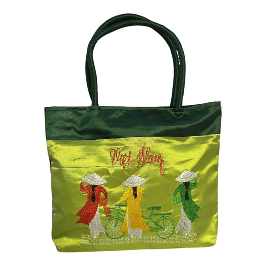 Vietnam Embroidered Tote Bag – Green and Yellow Silk Blend with Women & Bicycle Motif – Zip Top – 12x10x2"