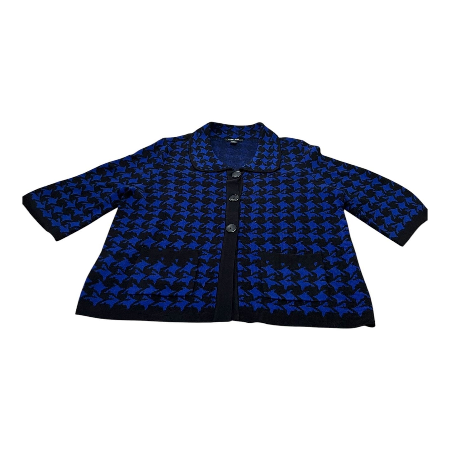 VTG Designers Original Women’s 1X Cardigan Sweater Jacket – Blue & Black Houndstooth – 52" Chest