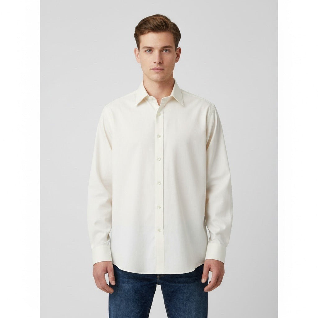 Allen Solly Men’s M Dress Shirt 15.5 34 Cream Long Sleeve 100% Cotton Lifetime Collar VTG 2007