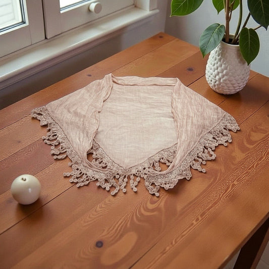 Vintage Early 2000s Italian Cotton Silk Lace Trim Shawl Scarf Wrap – Light Rose