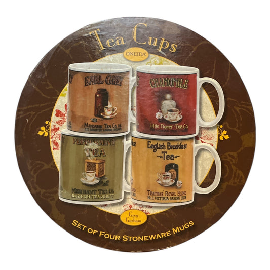 Oneida mugs, Greg Gorham, vintage tea mugs, stoneware mug set, tea cup set