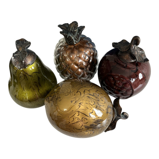Set of 4 Decorative Glass Fruit Figurines with Bronze-Tone Metal Leaves – Early 2000s