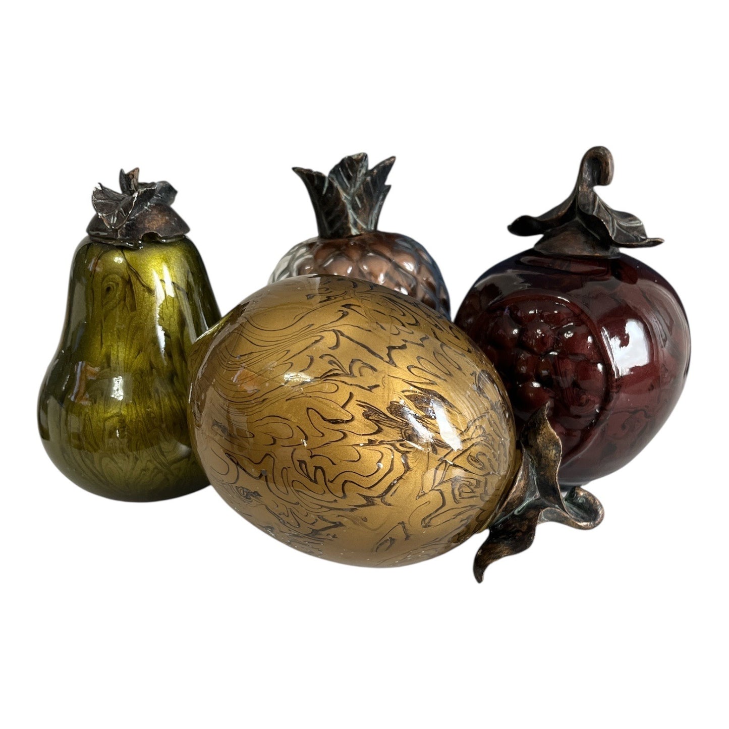 Set of 4 Decorative Glass Fruit Figurines with Bronze-Tone Metal Leaves – Early 2000s
