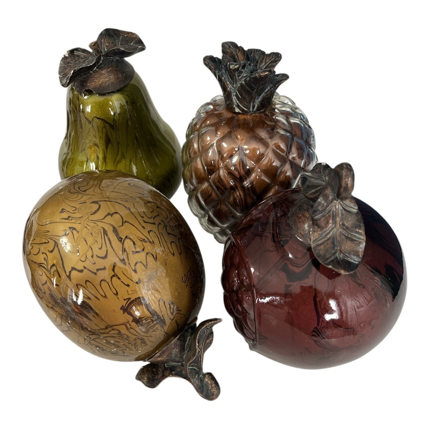 Set of 4 Decorative Glass Fruit Figurines with Bronze-Tone Metal Leaves – Early 2000s