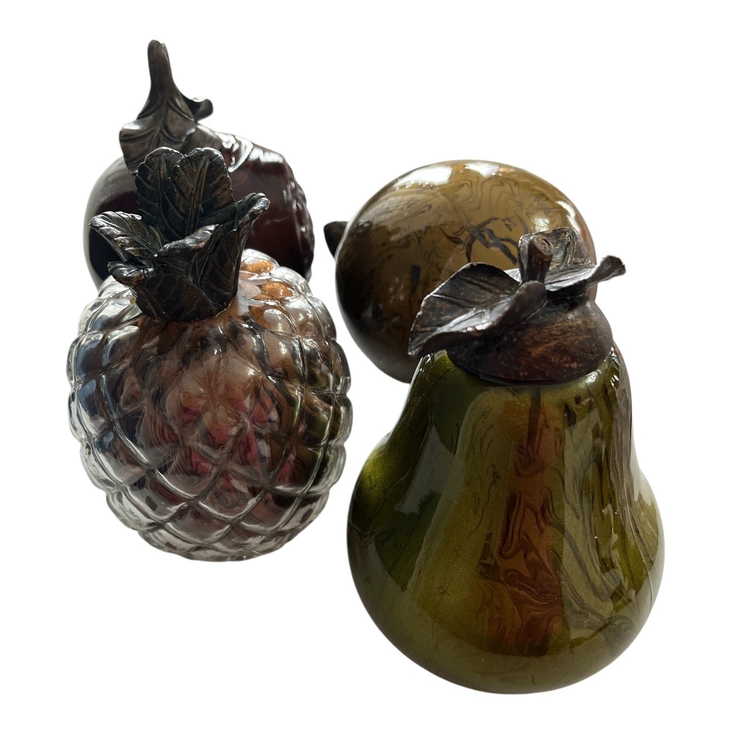 Set of 4 Decorative Glass Fruit Figurines with Bronze-Tone Metal Leaves – Early 2000s