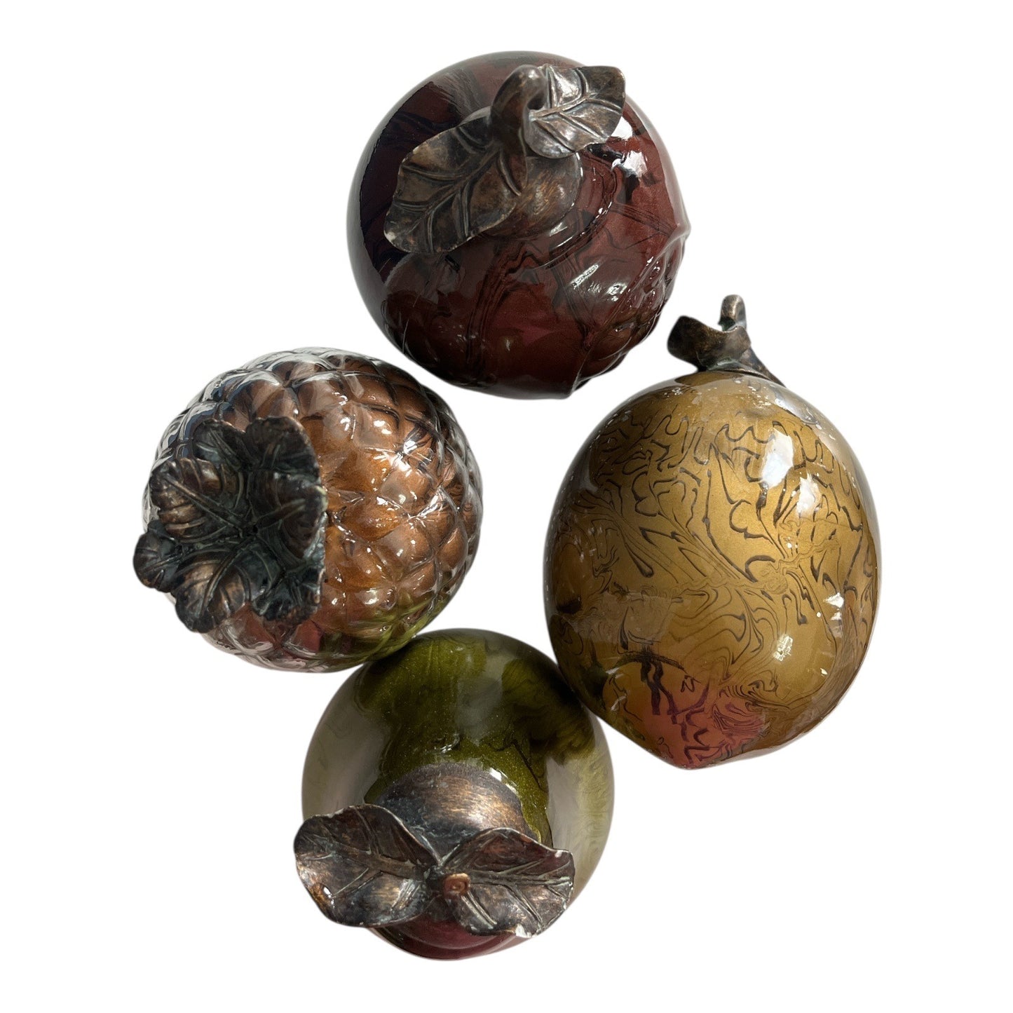 Set of 4 Decorative Glass Fruit Figurines with Bronze-Tone Metal Leaves – Early 2000s