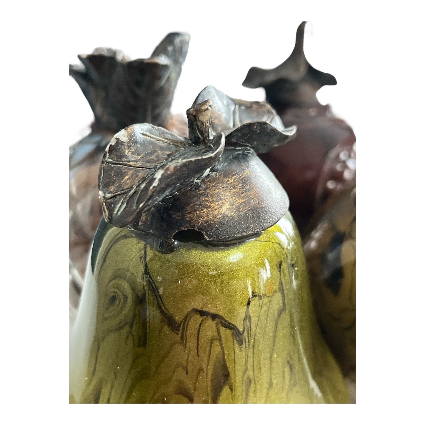Set of 4 Decorative Glass Fruit Figurines with Bronze-Tone Metal Leaves – Early 2000s