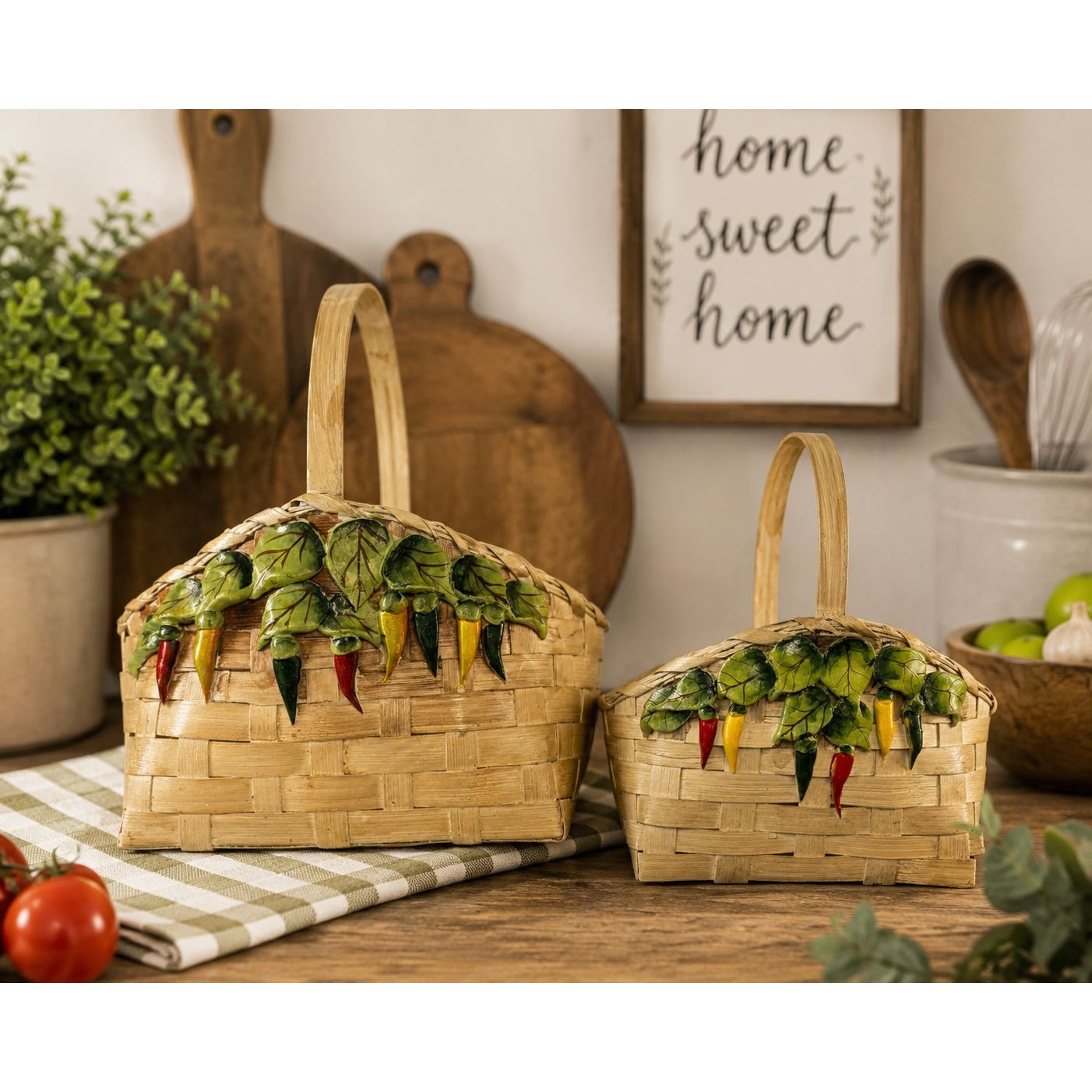 Vintage Wicker Gallery Chili Pepper Baskets Ceramic Accents Set of 2 CBK