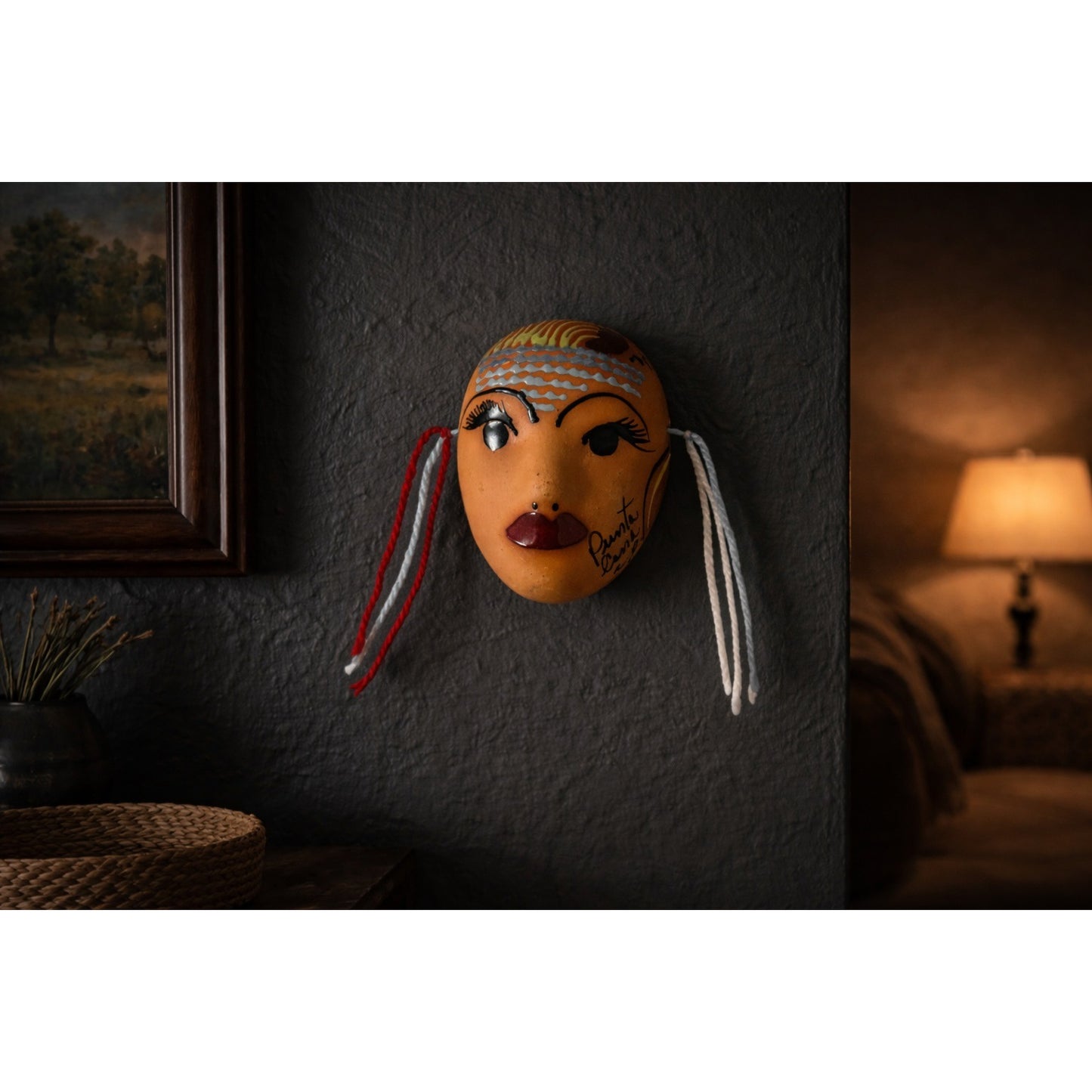 Punta Cana Hand Painted Clay Face Mask Miniature Wall Hanging