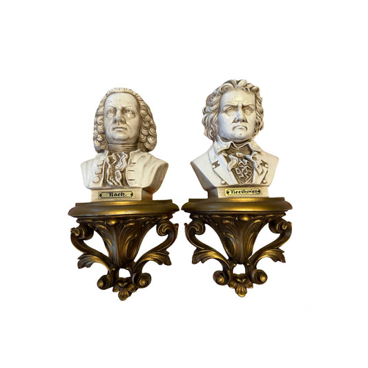 Vintage 1973 Burwood Bach Beethoven Wall Plaques Set of 2 Classical Composer Bust Shelves Gold Ivory