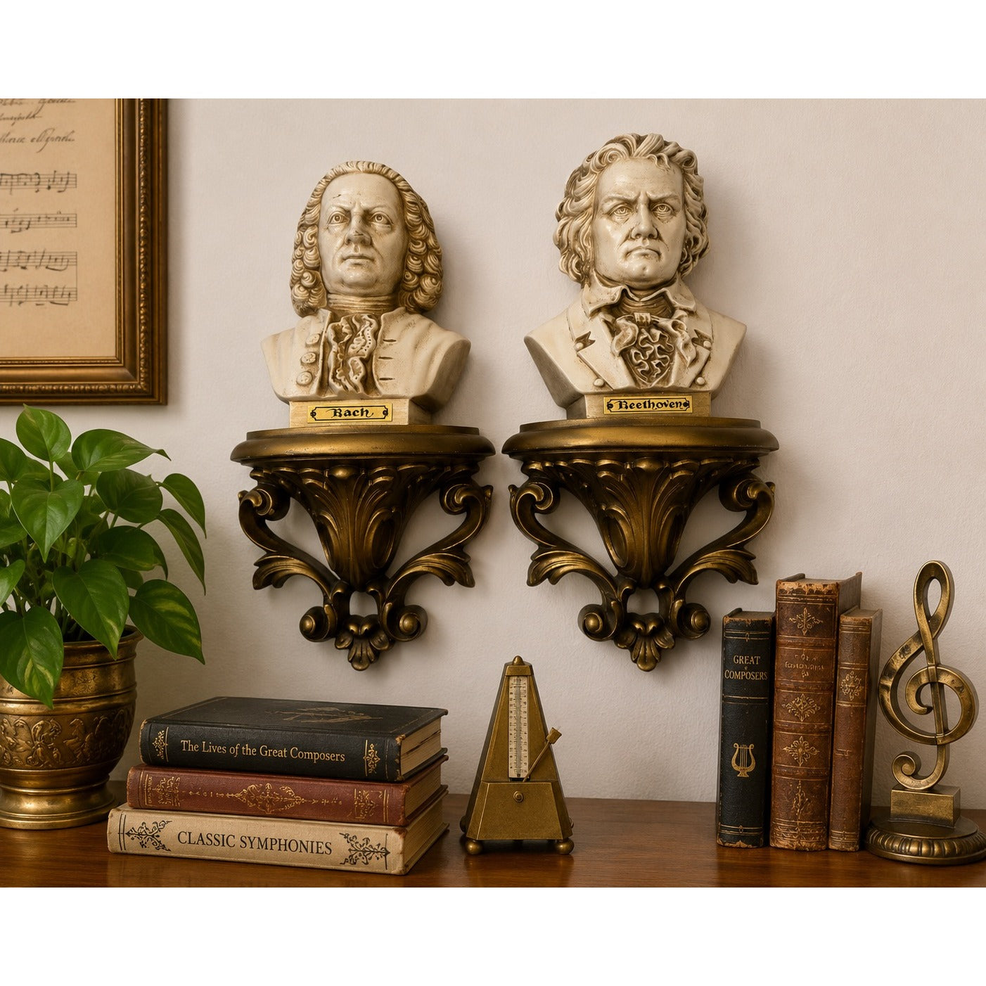 Vintage 1973 Burwood Bach Beethoven Wall Plaques Set of 2 Classical Composer Bust Shelves Gold Ivory