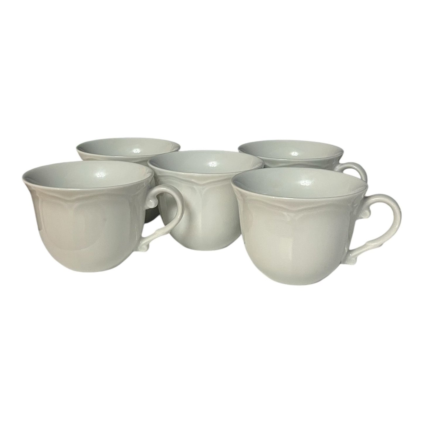 Set of 5 Williams Sonoma Baroque White Porcelain Cups – Made in Japan – Classic Embossed Scroll Design