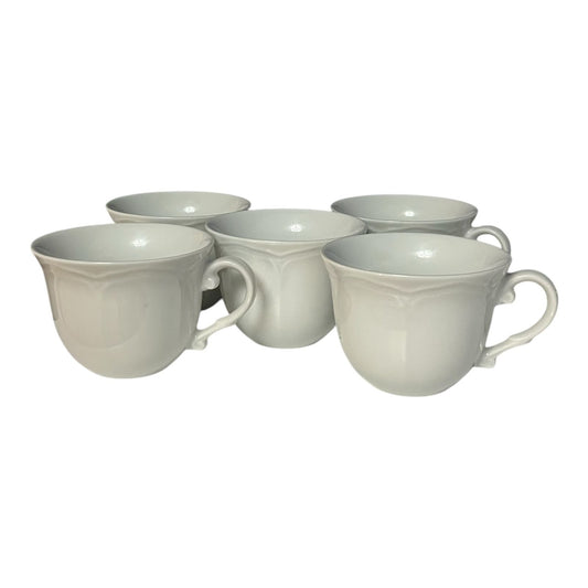 Set of 5 Williams Sonoma Baroque White Porcelain Cups – Made in Japan – Classic Embossed Scroll Design