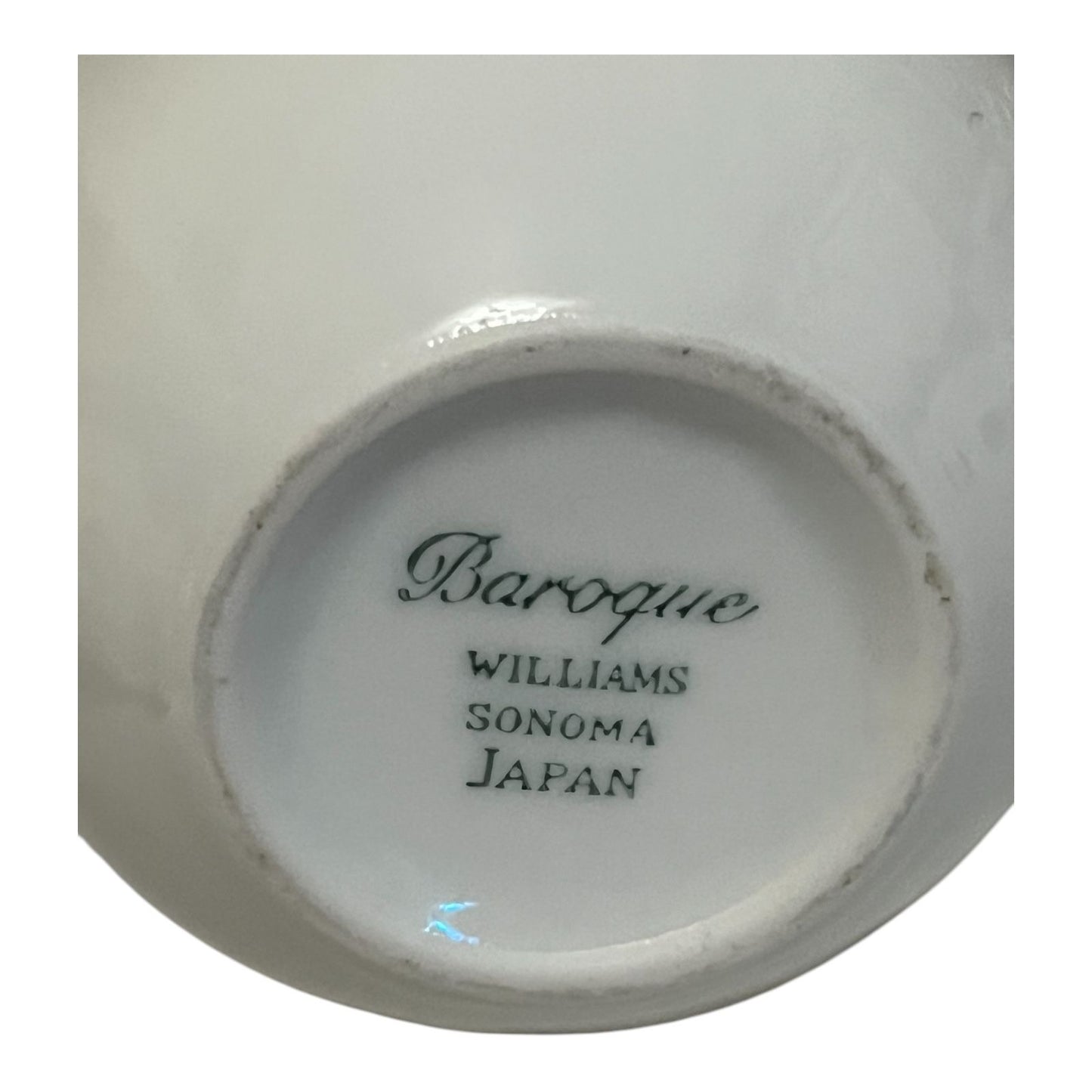 Set of 5 Williams Sonoma Baroque White Porcelain Cups – Made in Japan – Classic Embossed Scroll Design