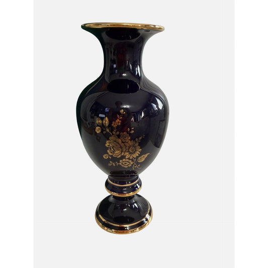 Vintage Cobalt Blue Porcelain Vase Gold Floral Decor Artist Signed Chile Gold Trim
