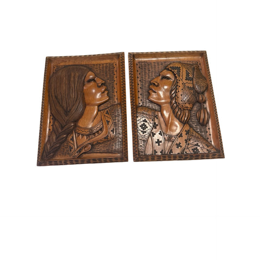 Pair Vintage J Ramirez Hand Carved Wood Wall Plaques Bolivian Andean Folk Art 17x13