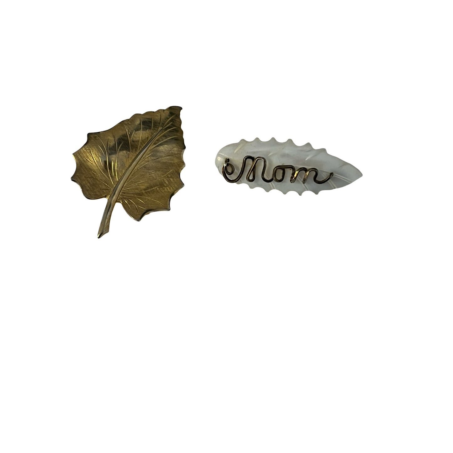 Vintage Leaf Brooch Set Gold Tone Leaf & Mother of Pearl “Mom” Pin