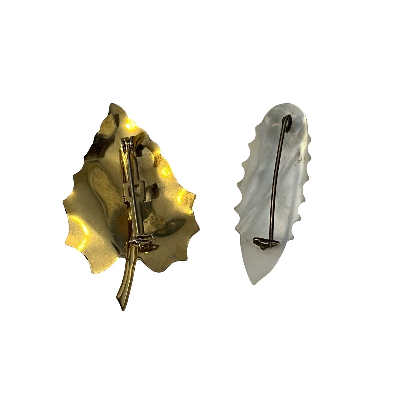 Vintage Leaf Brooch Set Gold Tone Leaf & Mother of Pearl “Mom” Pin