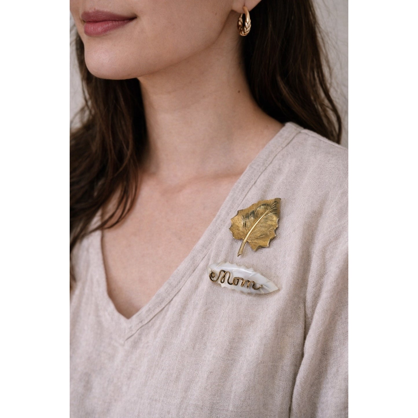 Vintage Leaf Brooch Set Gold Tone Leaf & Mother of Pearl “Mom” Pin