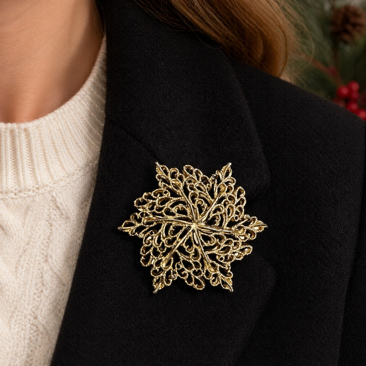 Vintage Gerry’s Gold Tone Filigree Snowflake Brooch Holiday Pin